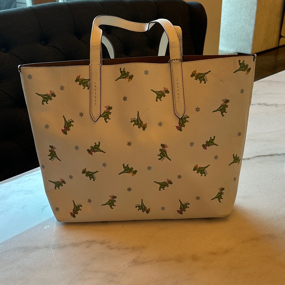 Fun Coach Leather Dinosaur Print Tote Bag - Cream
